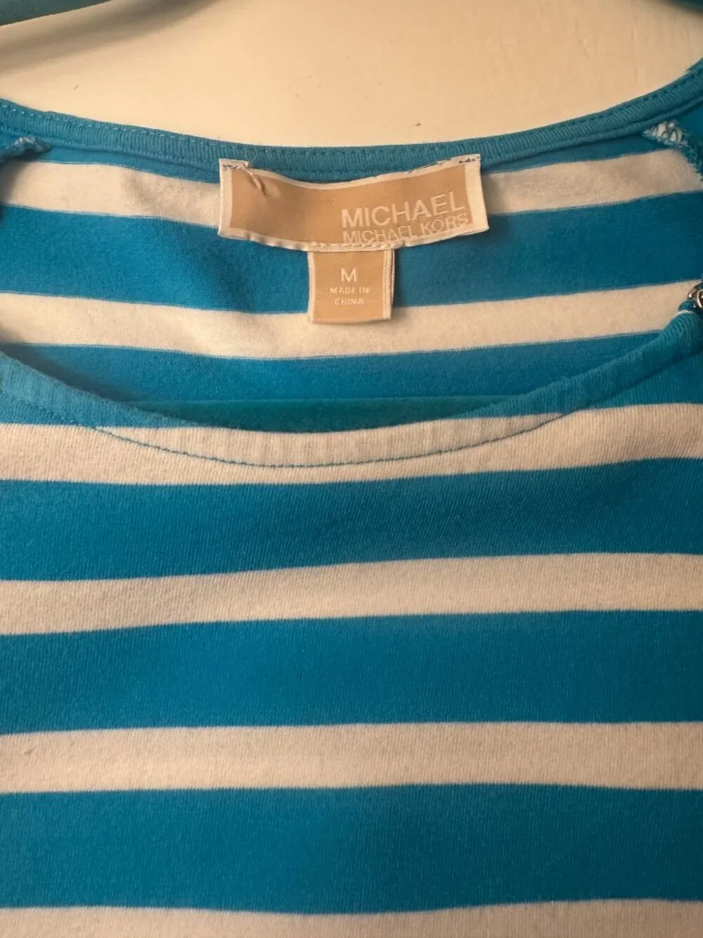 MICHAEL KORS Teal /White Striped Top- Silver Shoulder Zippers -Ruched Side